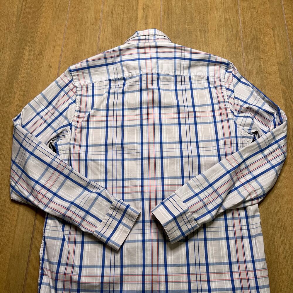 Victorinox Button Down Shirt‎ Men’s Medium Slim Fit Plaid White Blue Long Sleeve - Picture 7 of 10